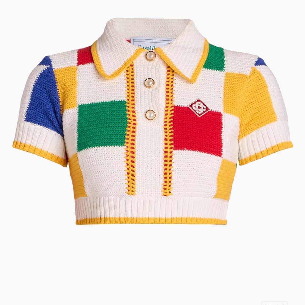 Casablanca Colorblocked Crochet Crop Polo Top